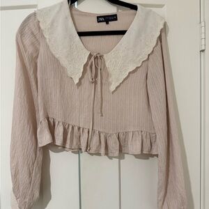 Zara Cream Blouse with Peter Pan Collar and Ruffled Hem